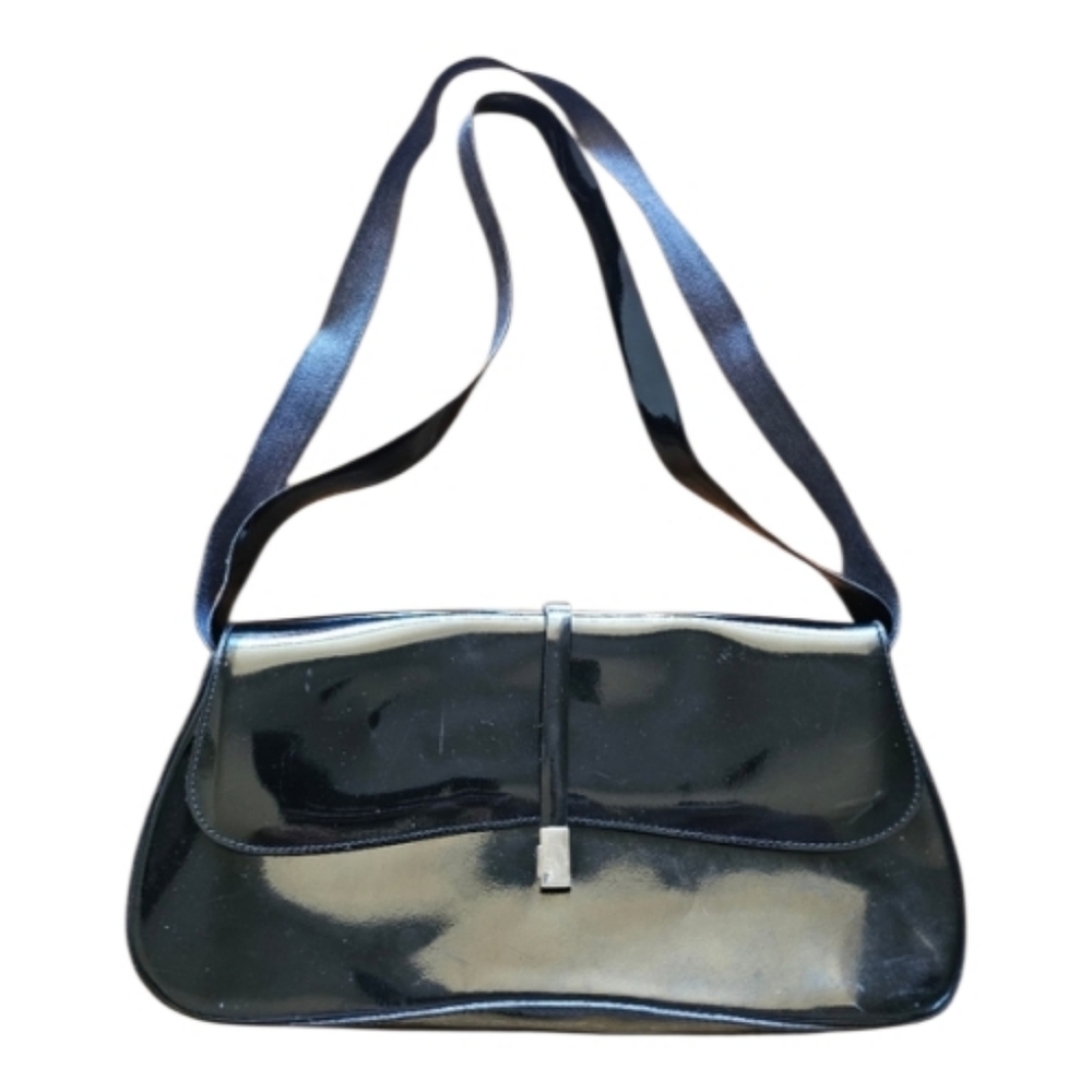 Gilda Tonelli Italy Y2K Vtg Chic Black Patent Leather Flap Wave‎ Shoulder Bag
